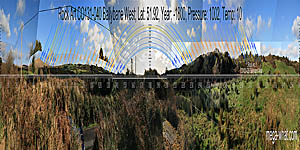 Panoramic view with luni-solar trajectories from Ballybane Rock of the Rings, Cork, Ireland.