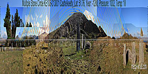 Panoramic view with luni-solar trajectories from Cashelkeelty Multiple Stone Circle, Kerry, Ireland.