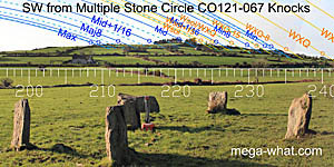 NE axial view from Knocks (S) Stone Circle